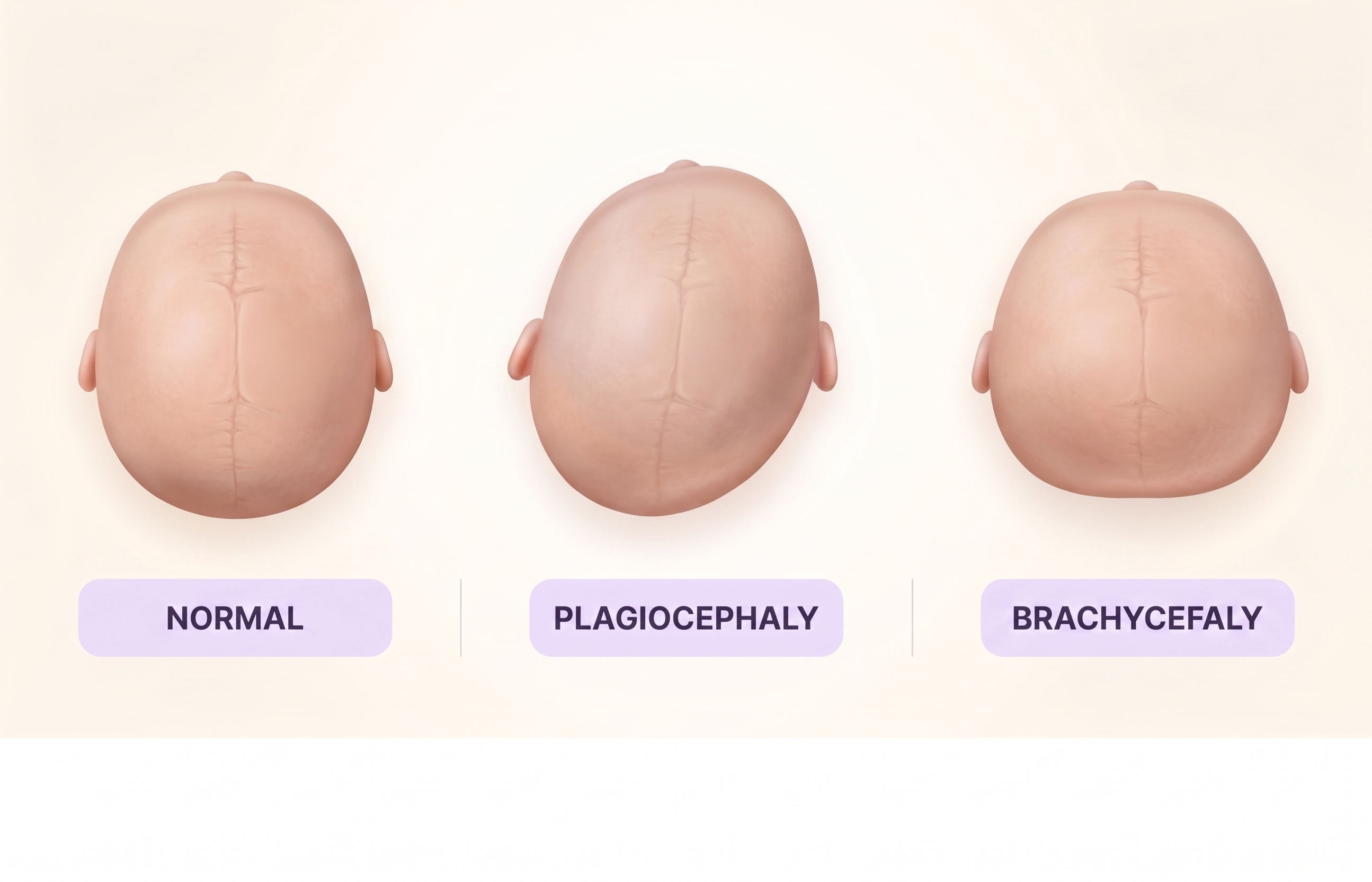 Top-view comparison of normal, plagiocephaly, and brachycephaly infant head shapes